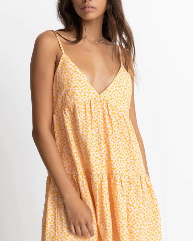 Front of a model wearing a size Large Marley Floral Tierred Mini Dress in Pink in Pink by Rhythm.. | dia_product_style_image_id:345288